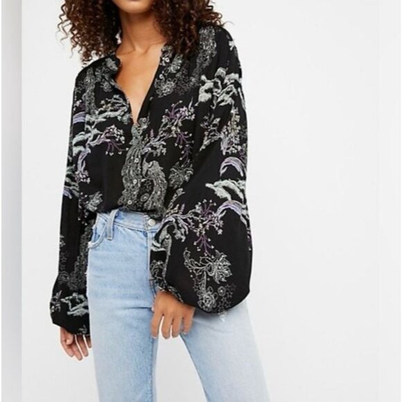 Free People Small Metallic Bloom Button Up Oversized Top Peacock Print Shirt - Picture 1 of 13
